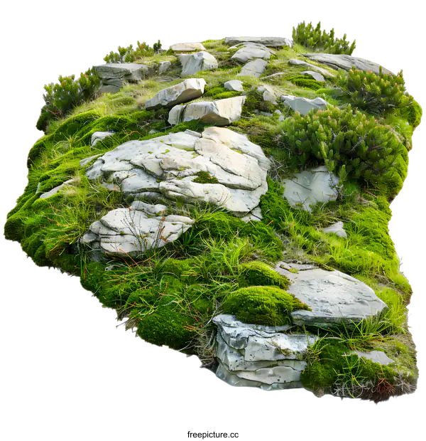 [Transparent Background PNG]Green Grass and Rocks Landscape Isolated on White Background