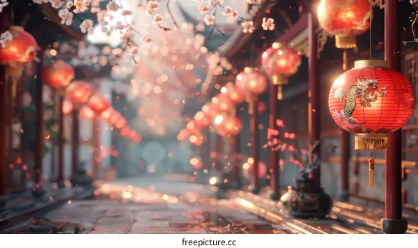Chinese New Year Street Celebration: Red Lanterns and Vibrant Cherry Blossoms