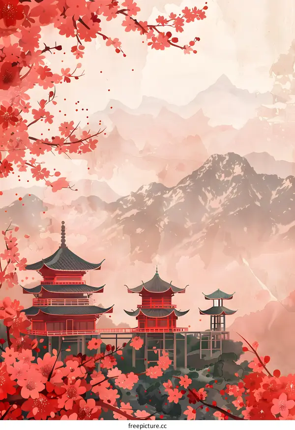 Japanese Temple with Cherry Blossoms