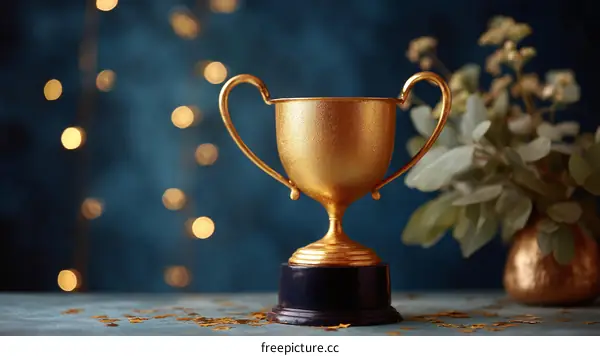 Golden Trophy Award Winner on Dark Blue Background