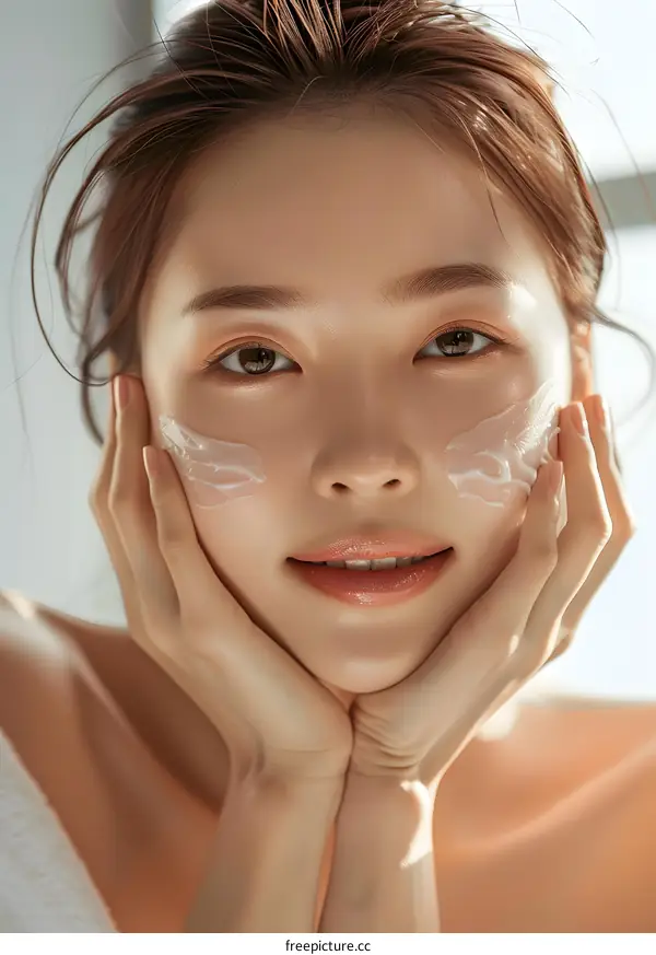Beautiful Asian Woman Applying Face Cream with a Smile