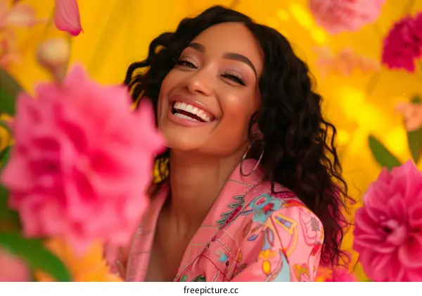 Black woman with curly hair smiling in front of pink flowers