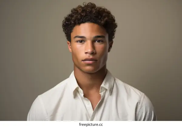Portrait of a young man with curly hair wearing a white shirt