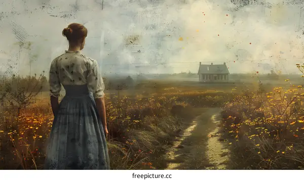 A woman standing in a field of flowers looking at a house in the distance