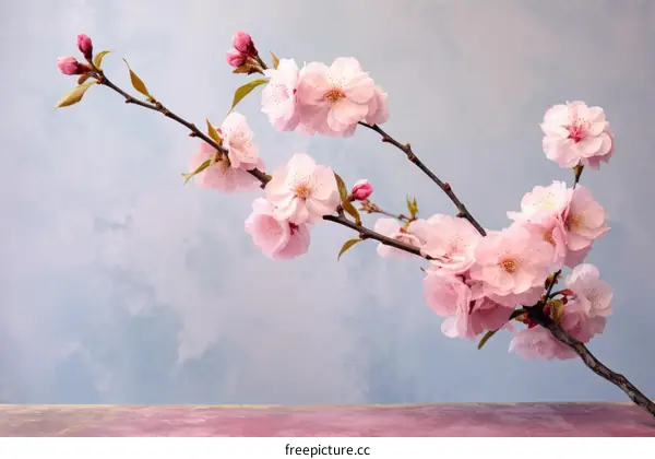 Graceful Cherry Blossoms in Full Bloom on a Misty Blue Background