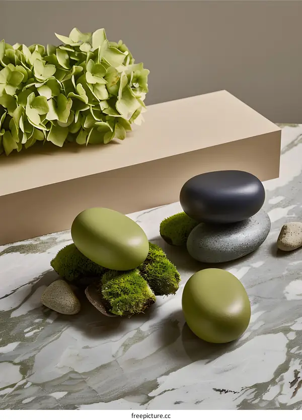 Green Rocks with Moss and Hydrangea Flower on Marble Background