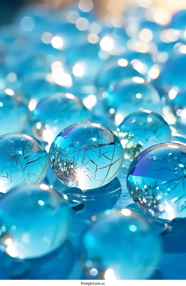 Blue glass marbles with a reflection of a tree and the sky inside them