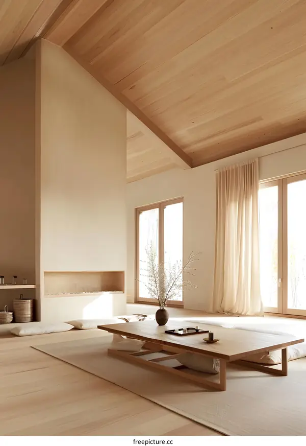 Minimalist Wooden Living Room Interior Design with Large Windows and Low Coffee Table