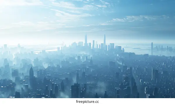 Futuristic Cityscape Aerial View of a Misty Metropolis