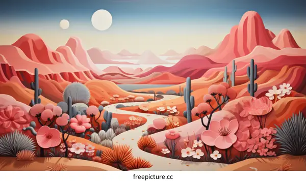 Pink Desert Landscape with Mountains and Flowers