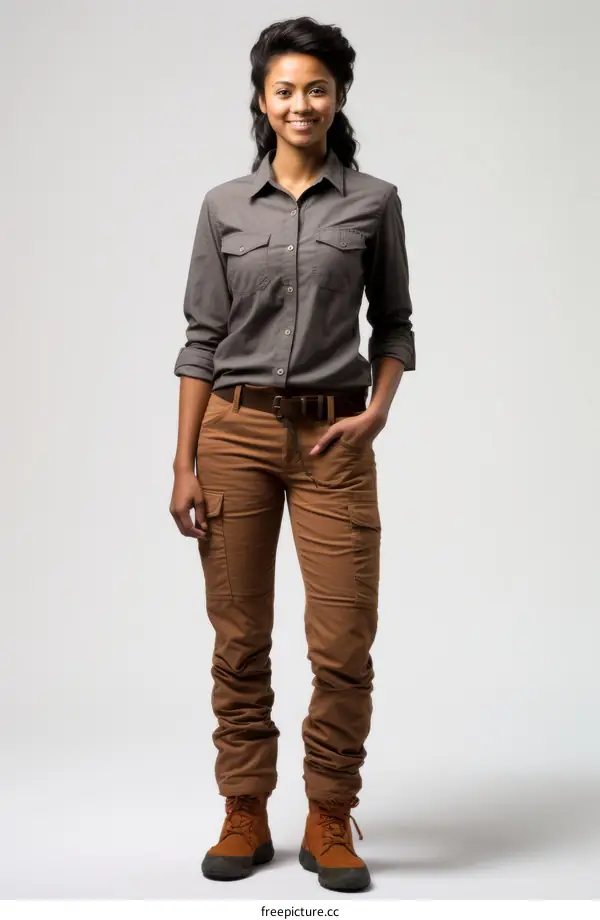 Stylish Woman in Grey Shirt and Brown Pants