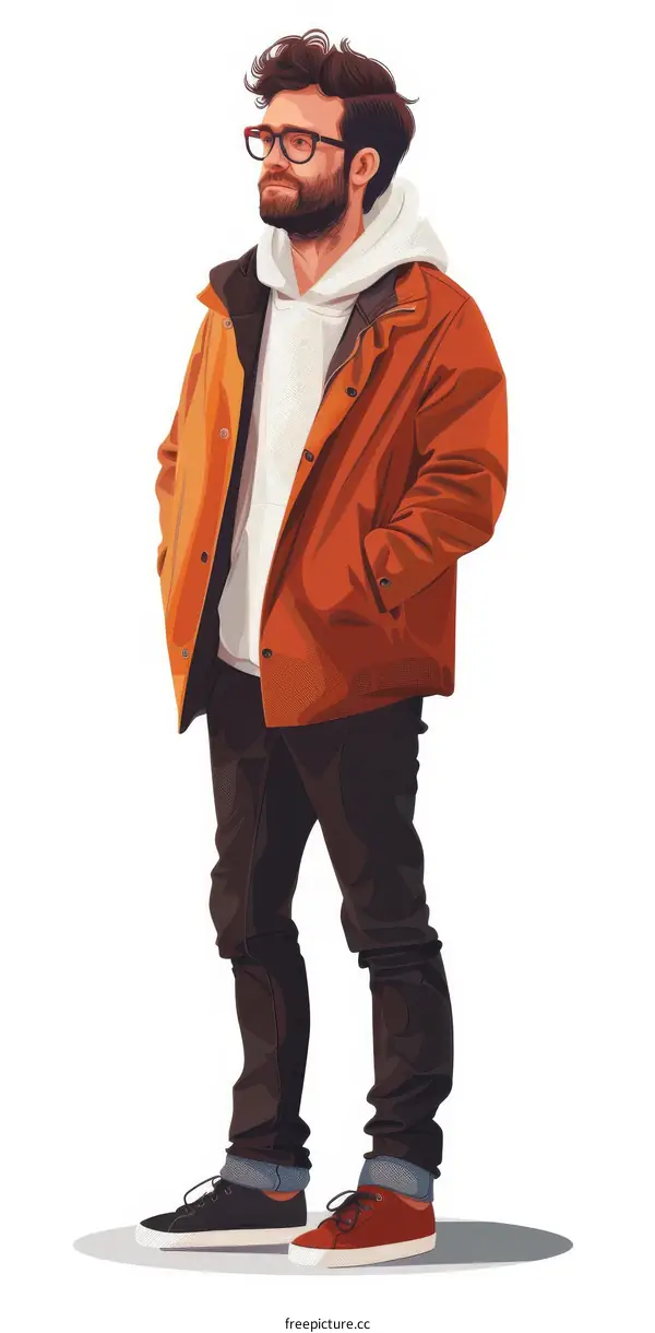 A man wearing an orange jacket and glasses