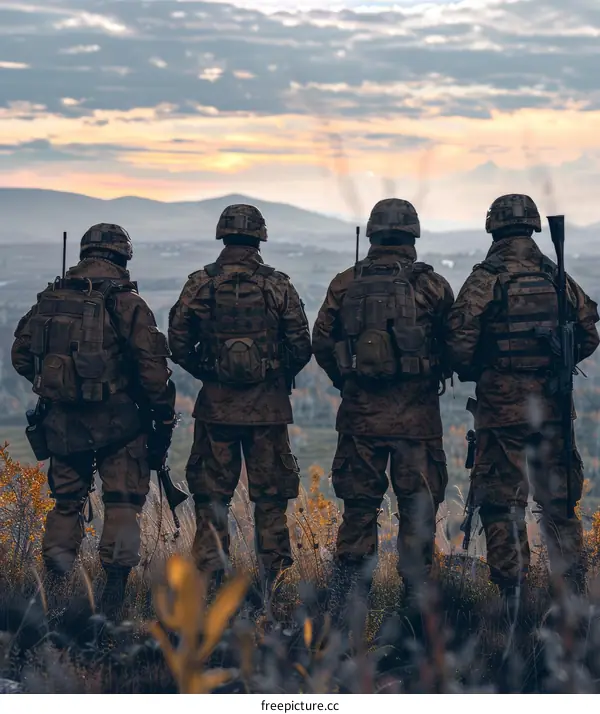 Four soldiers in camouflage uniforms looking out over a valley at sunset