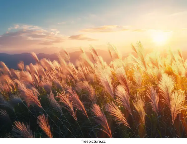 A field of Miscanthus sinensis swaying in the wind at sunset