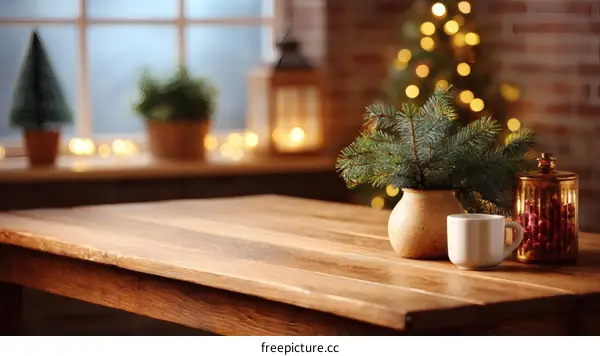 Wooden Tabletop Scene with Christmas Decor