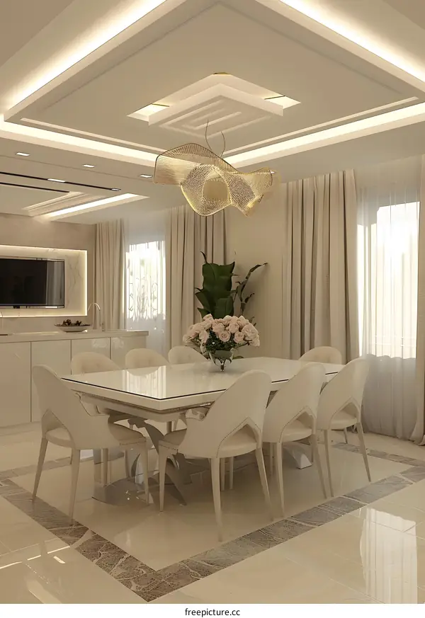 Modern White Dining Room Interior Design with a Unique Chandelier