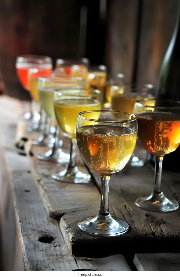 Closeup of Glasses of Champagne on a Rustic Wooden Table