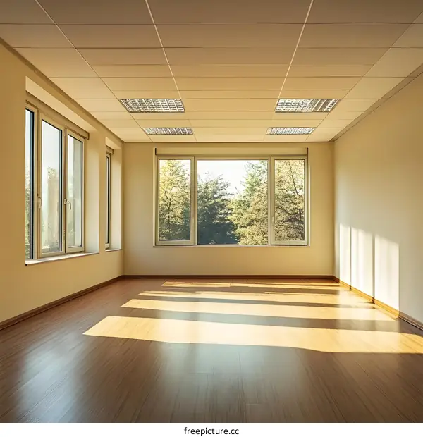 Empty Room with Large Window and Sunlight Streaming Through