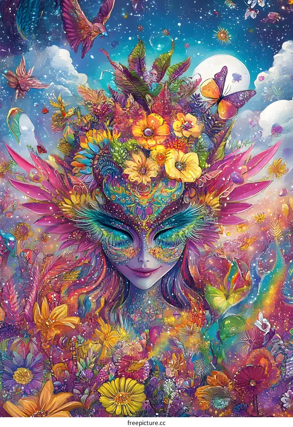 Fantasy Art with Woman in Flowers and Butterflies