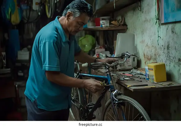 Asian Man Fixing Bicycle in Workshop