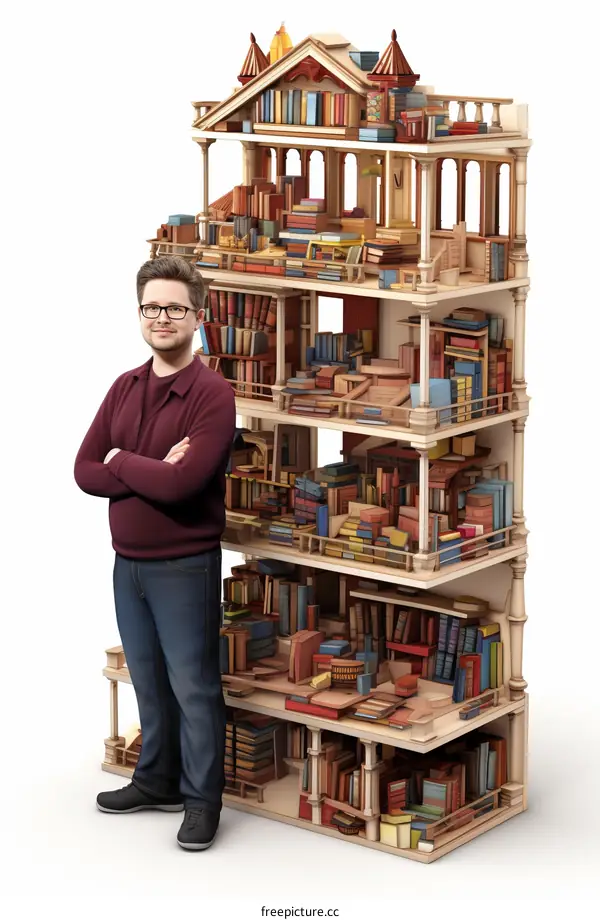 Man standing next to a large wooden bookshelf filled with books