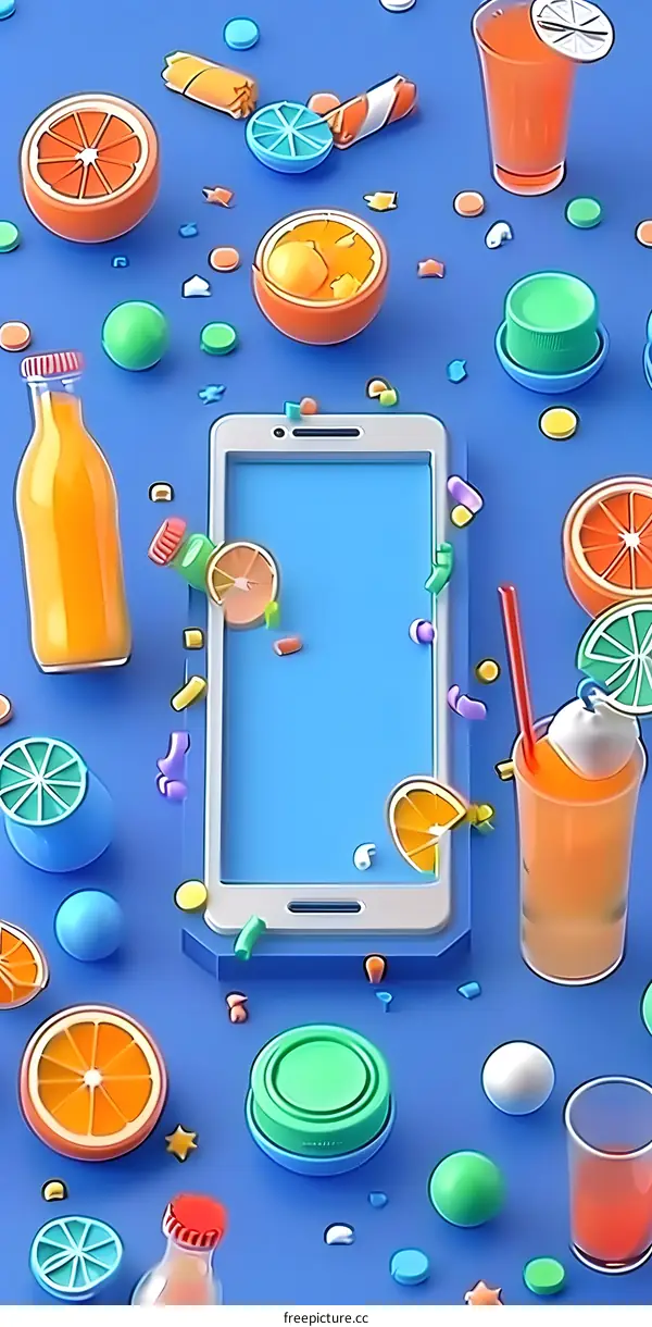 Orange Juice and Smartphone on a Blue Background with 3D Elements