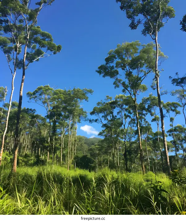 Looking up at the blue sky through the forest