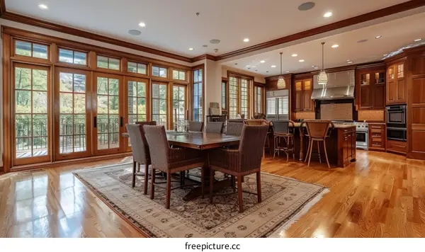 The dining room and kitchen of a luxury house