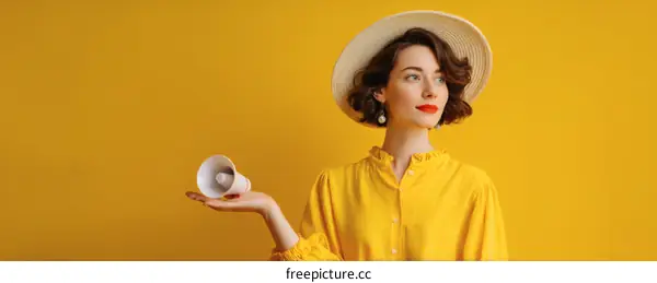 Woman Holding Megaphone Against Yellow Background