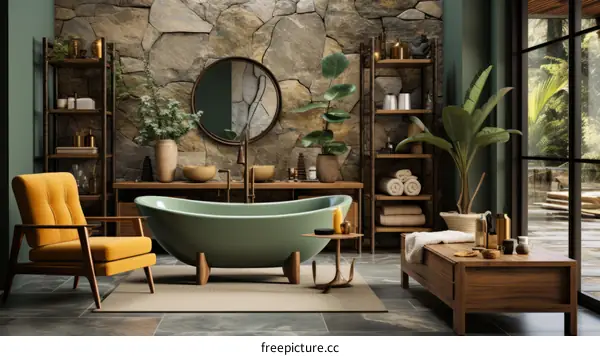 Green Bathroom With Stone Wall and Plants