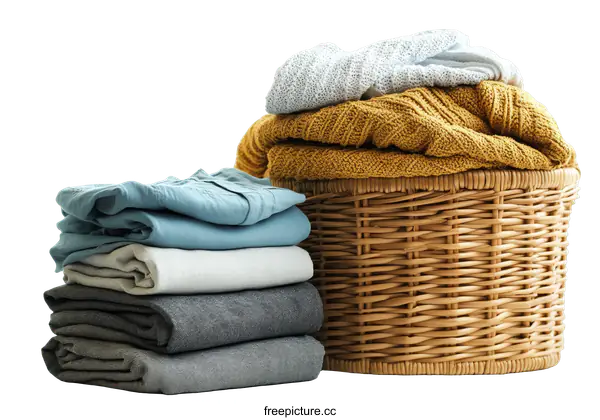 [Transparent Background PNG]Laundry Basket Filled with Folded Clothes