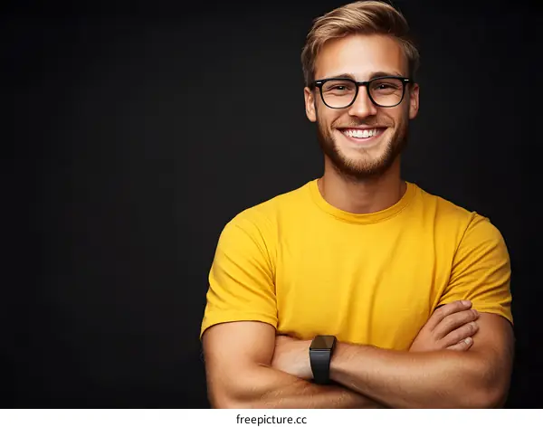Smiling Man in Yellow T-shirt with Crossed Arms