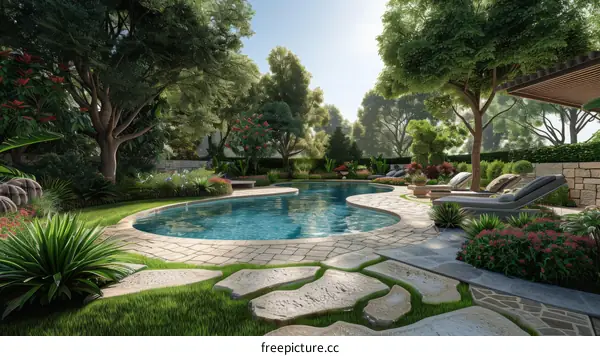 A garden with a swimming pool