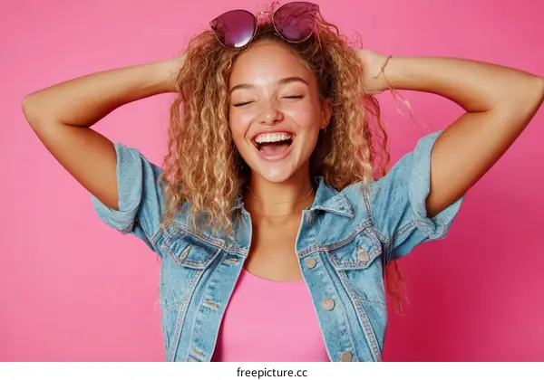 Happy Woman with Curly Hair in Pink Studio