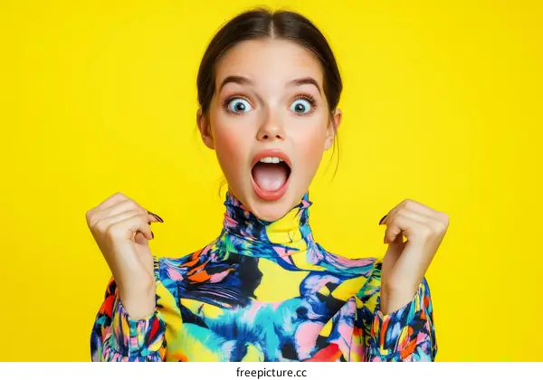 Surprised Caucasian Woman in Colorful Fashion Top against Yellow Background