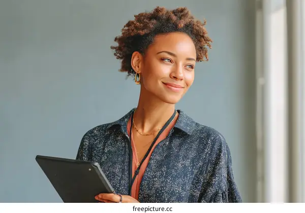 African American Woman Holding Tablet in Business Setting