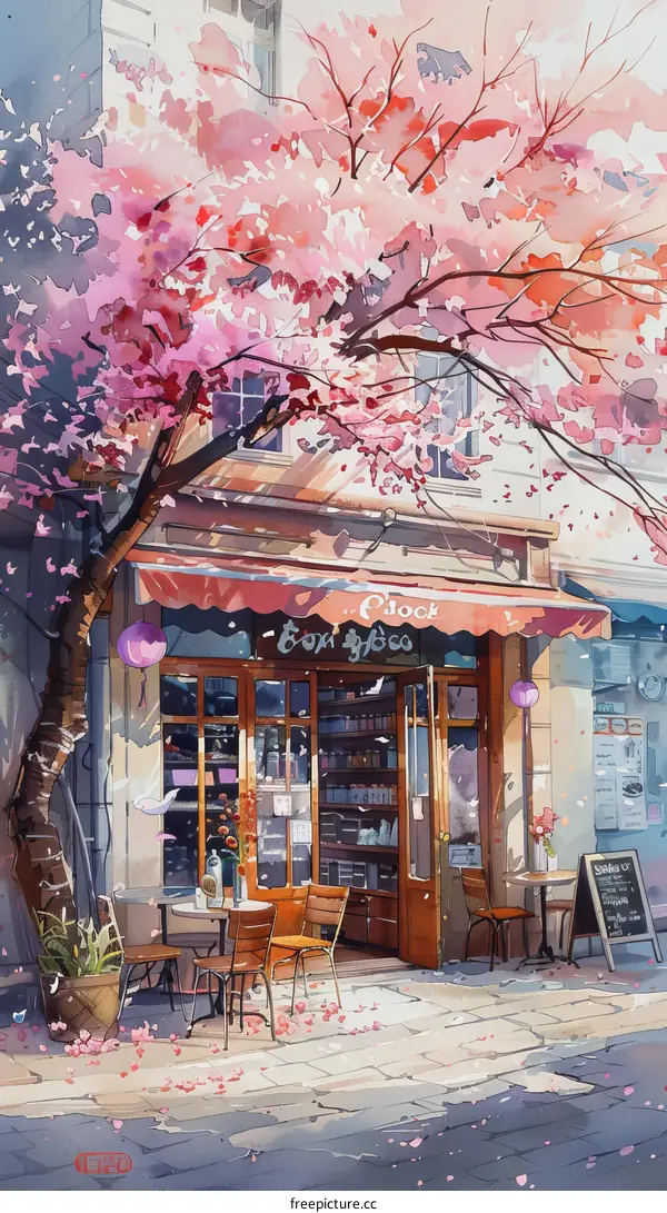 A beautiful watercolor painting of a cherry blossom tree in front of a cafe