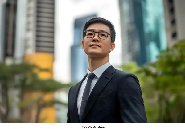 Asian Businessman in Suit Looking Up at Cityscape