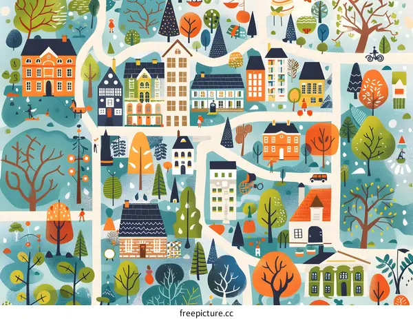 Colorful Illustration of a Town with Houses and Trees