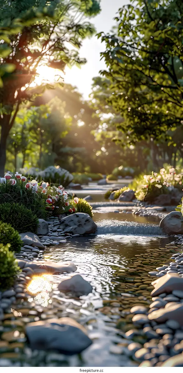 A babbling brook in the dappled sunlight