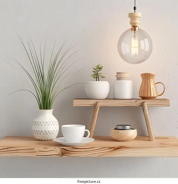 Wooden Shelf With Vase, Hanging Light, And Small Potted Plant