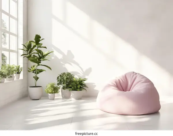 Modern Minimalist Living Room with Plants and Bean Bag