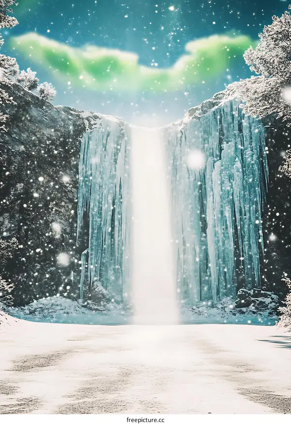 Frozen Waterfall in Winter Wonderland with Northern Lights
