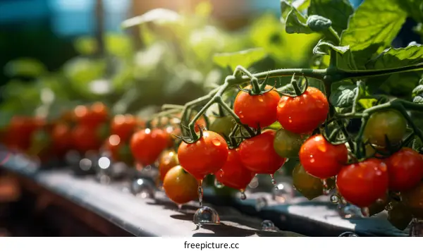 Close-up of ripe and unripe cherry tomatoes on the vine with water drops