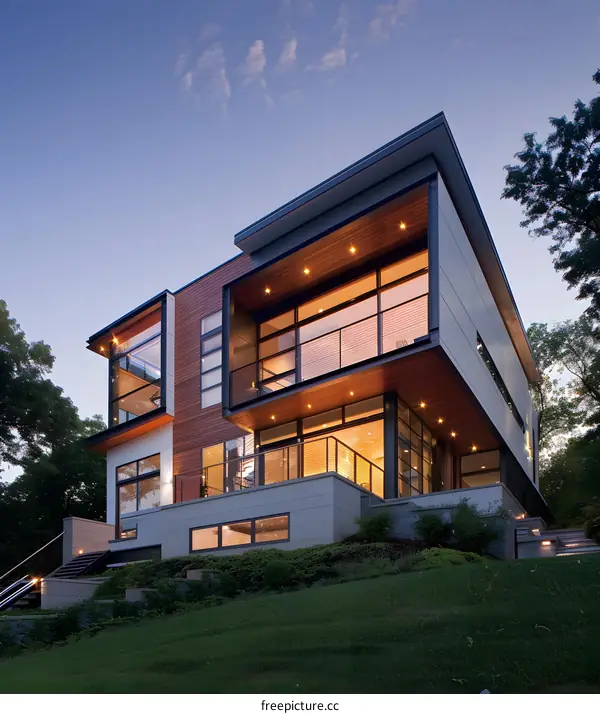 Modern House with Large Windows and Wood Siding