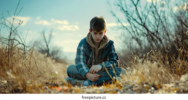 A boy sits on the ground in a field of tall grass.