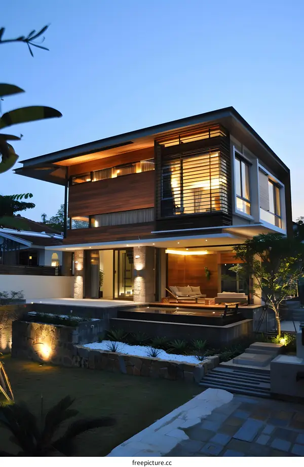 Modern House with Swimming Pool and Garden at Dusk