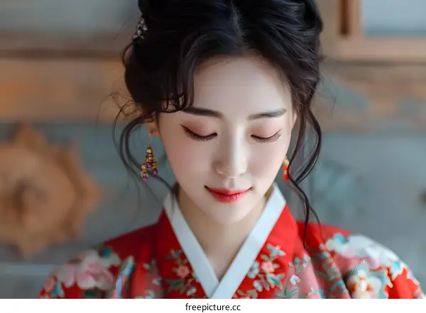 Portrait of a beautiful Asian woman in traditional Korean dress, hanbok