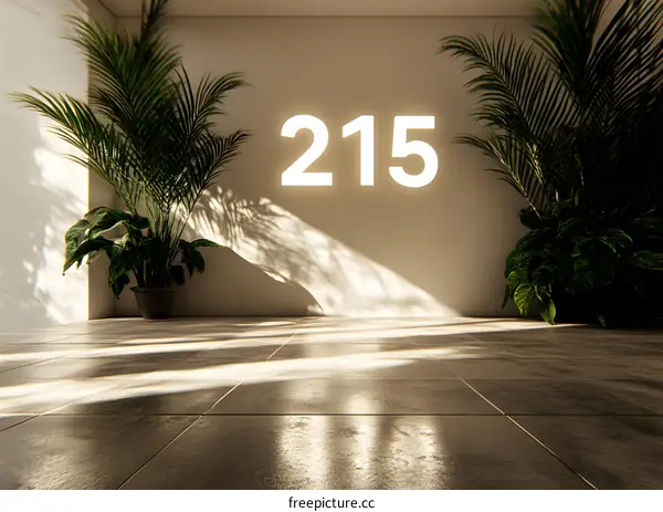 Minimalist Interior Design with Palm Plants and Number 215