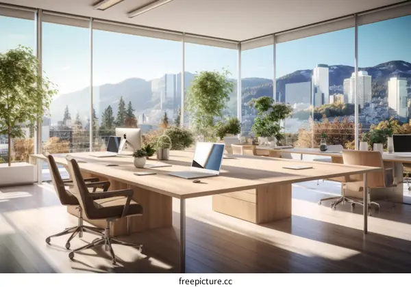 Modern office interior with large windows and city view